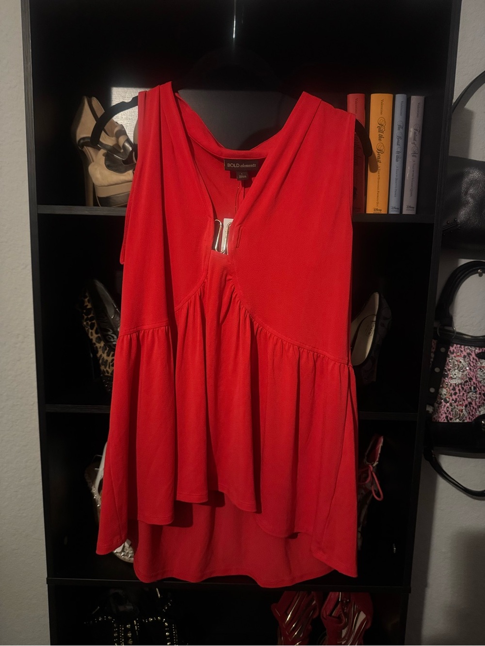 BOLD elements Red Sleeveless V-Neck Peplum Tank with Silver Accent